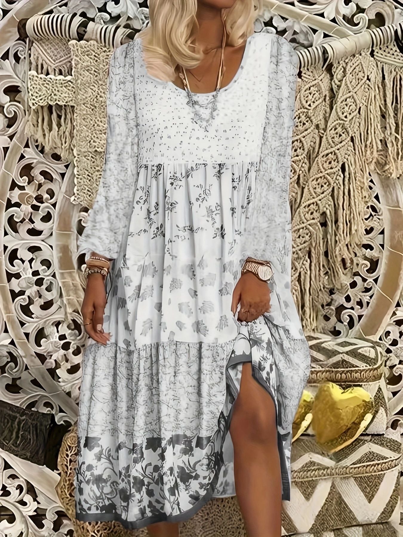 Bohemian Print Patchwork Split Long Sleeve Tiered Maxi Dress