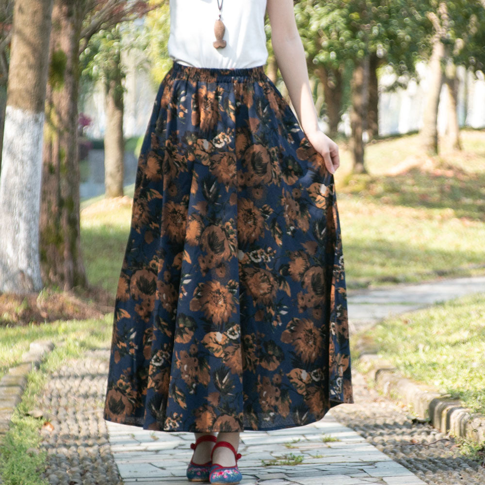 Cotton and linen printed maxi skirt | Retro ethnic style elastic waist midi skirt