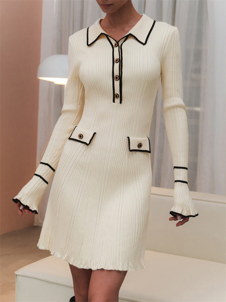 French Chanel Style Beige Contrast Collar Knit Mini Dress | Elegant Commuter Waist-Cinching Slimming Dress