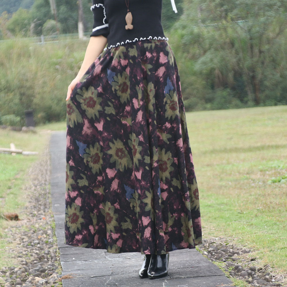 Cotton and linen printed maxi skirt | Retro ethnic style elastic waist midi skirt