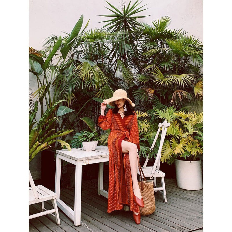 Boho Orange Polka Dot V-Neck Tie Waist Slit Maxi Dress | Vintage Ethnic Style Vacation Dress