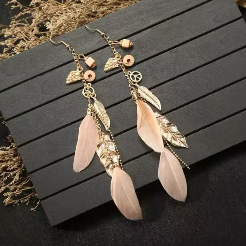 Boho Blue Feather Tassel Earrings | Ethnic Style Niche Design Jewelry