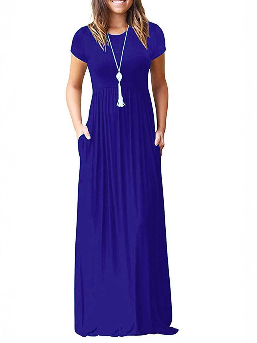 Multi-Color Round Neck Short Sleeve Waisted Maxi Dress