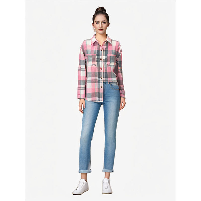 Pink-Tone Plaid Boho-Style Loose Shirt