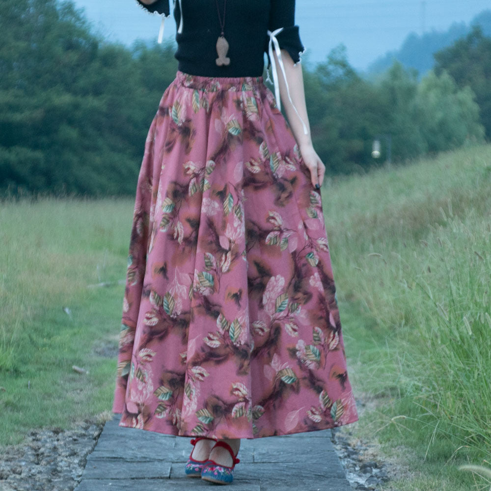Cotton and linen printed maxi skirt | Retro ethnic style elastic waist midi skirt