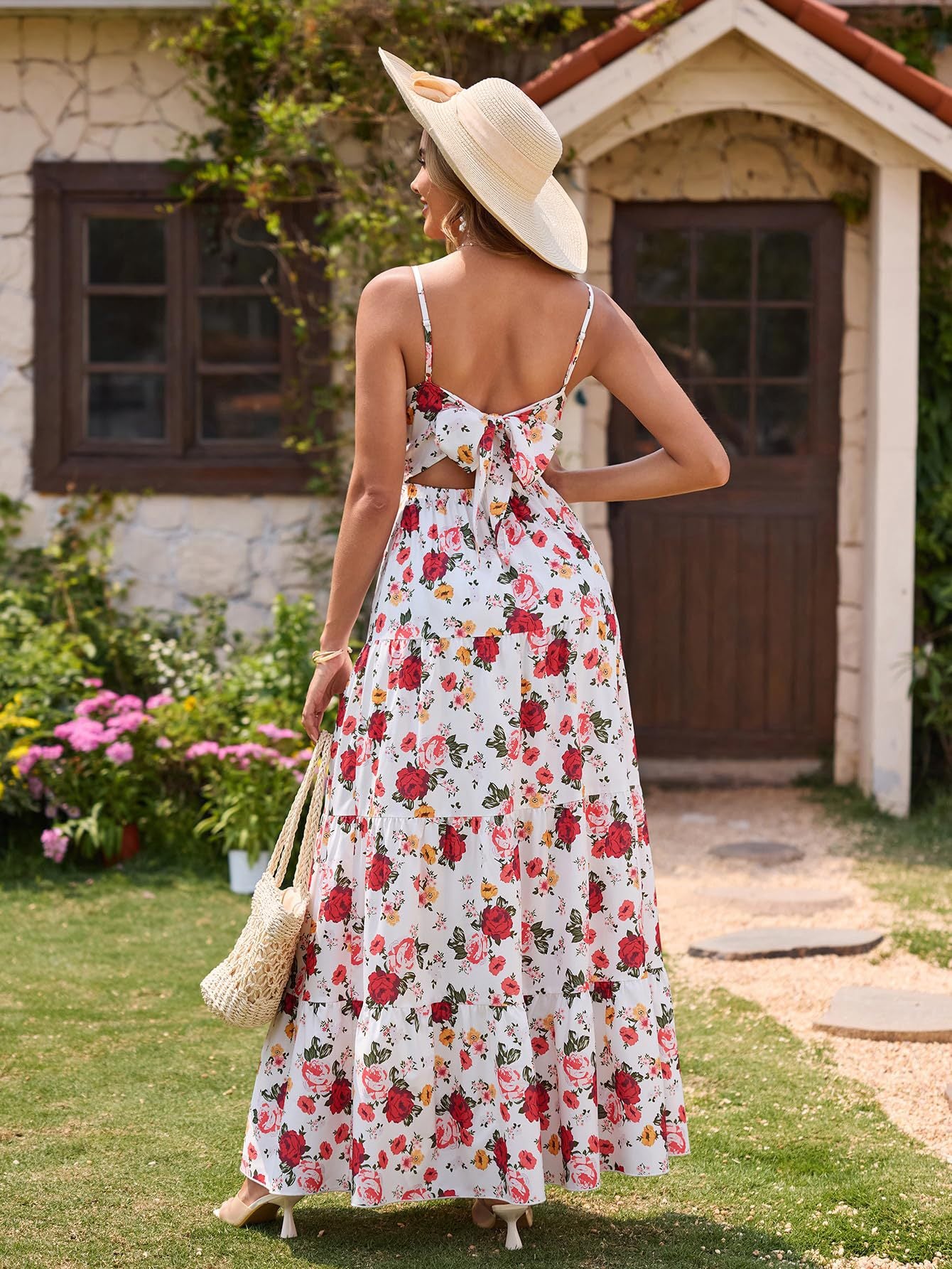Rose Print Boho Cami Backless Maxi Dress