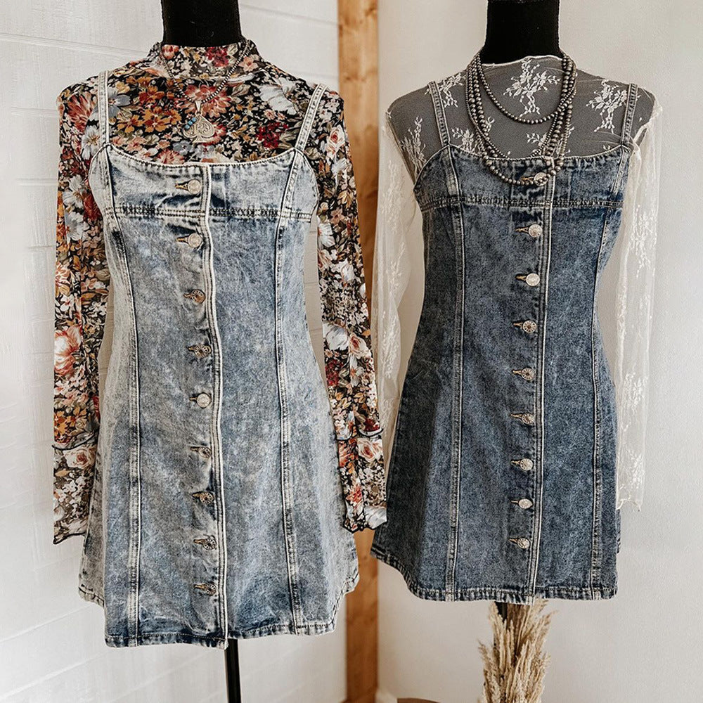 Vintage Western Style Washed Denim Cami Mini Dress | Y2K Single Breasted Waist-Cinching A-Line Dress