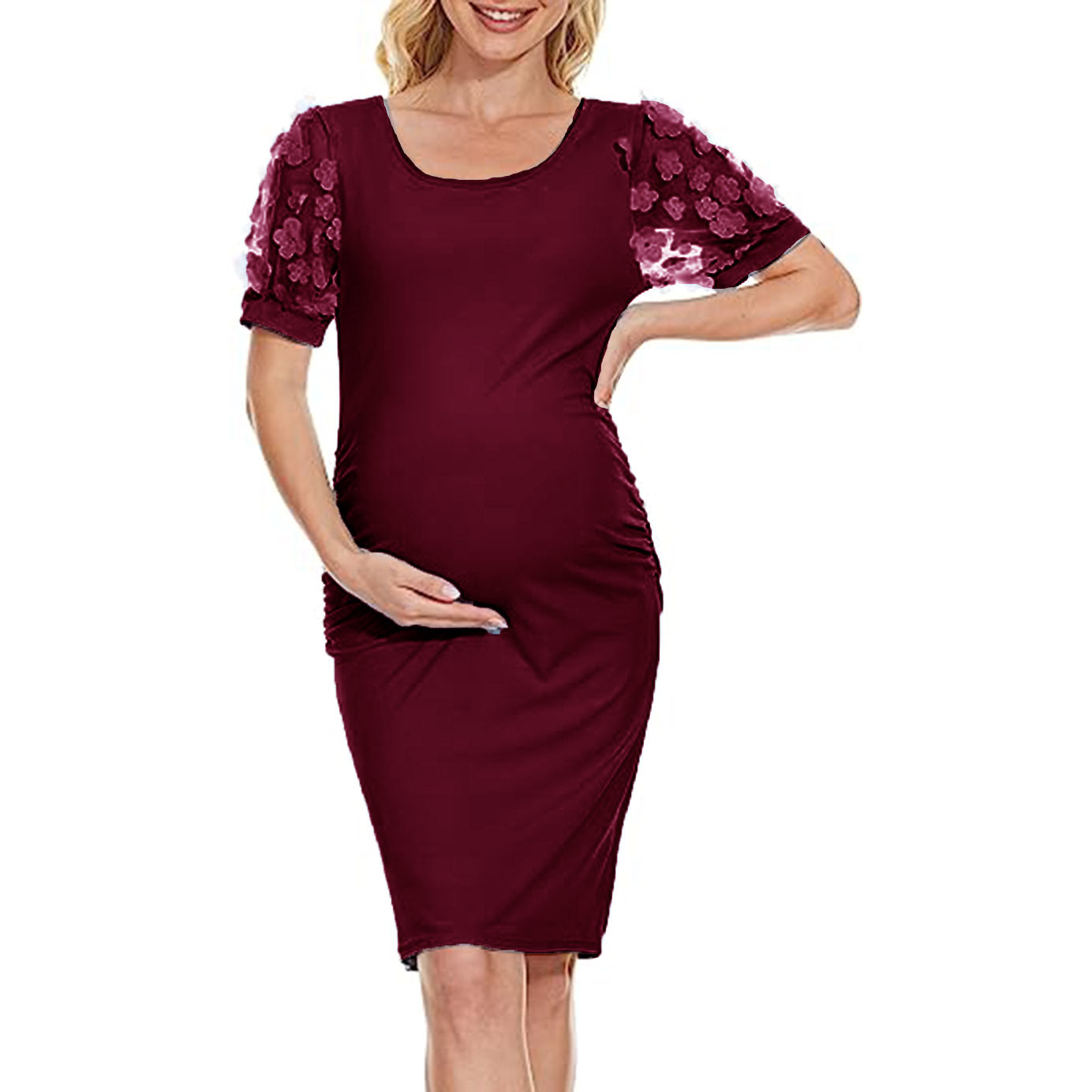 Boho 3D Flower Puff Sleeve Ruched Side Maternity Bodycon Dress