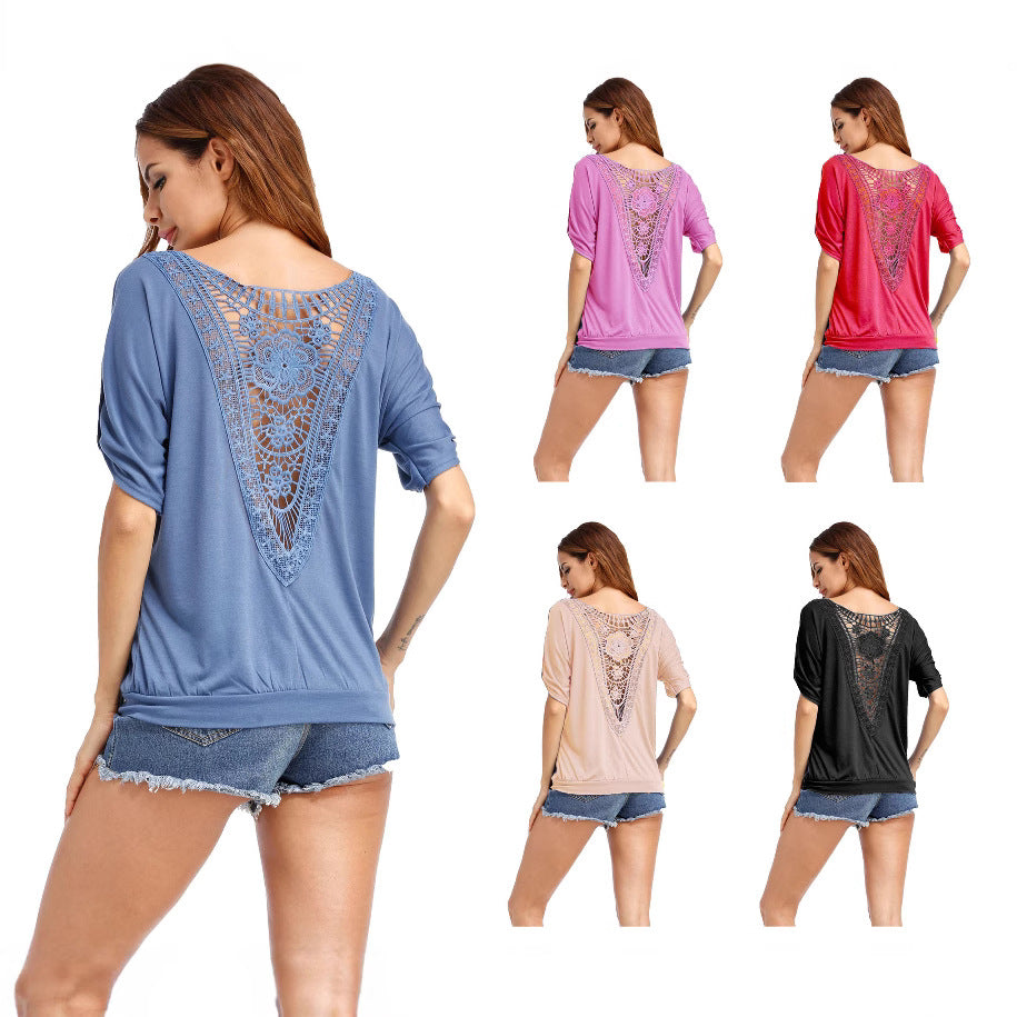 Boho V Neck Back Lace Batwing Sleeve Loose Top