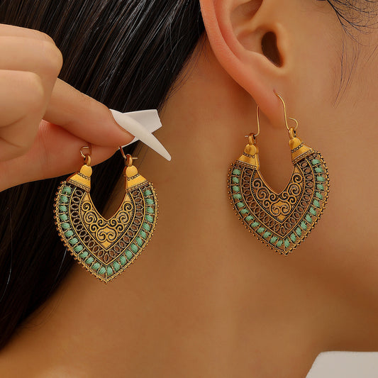 Boho Vintage Distressed Color Stone Heart Earrings | Ethnic Style Niche Design Jewelry