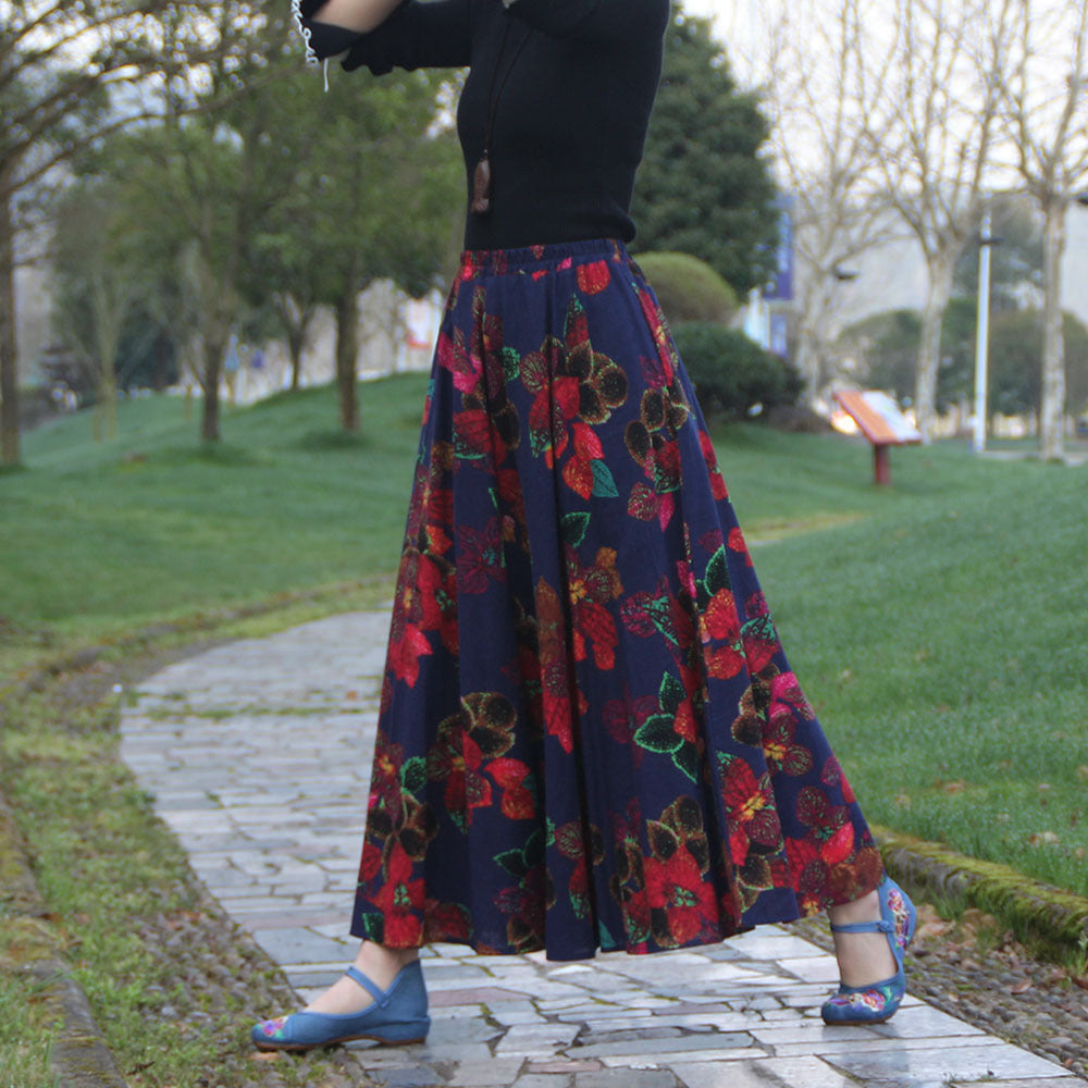 Cotton and linen printed maxi skirt | Retro ethnic style elastic waist midi skirt