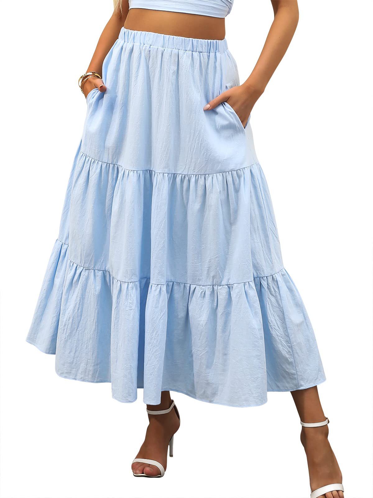 Bohemian Solid Color Elastic Waist Tiered Ruffle Maxi Skirt