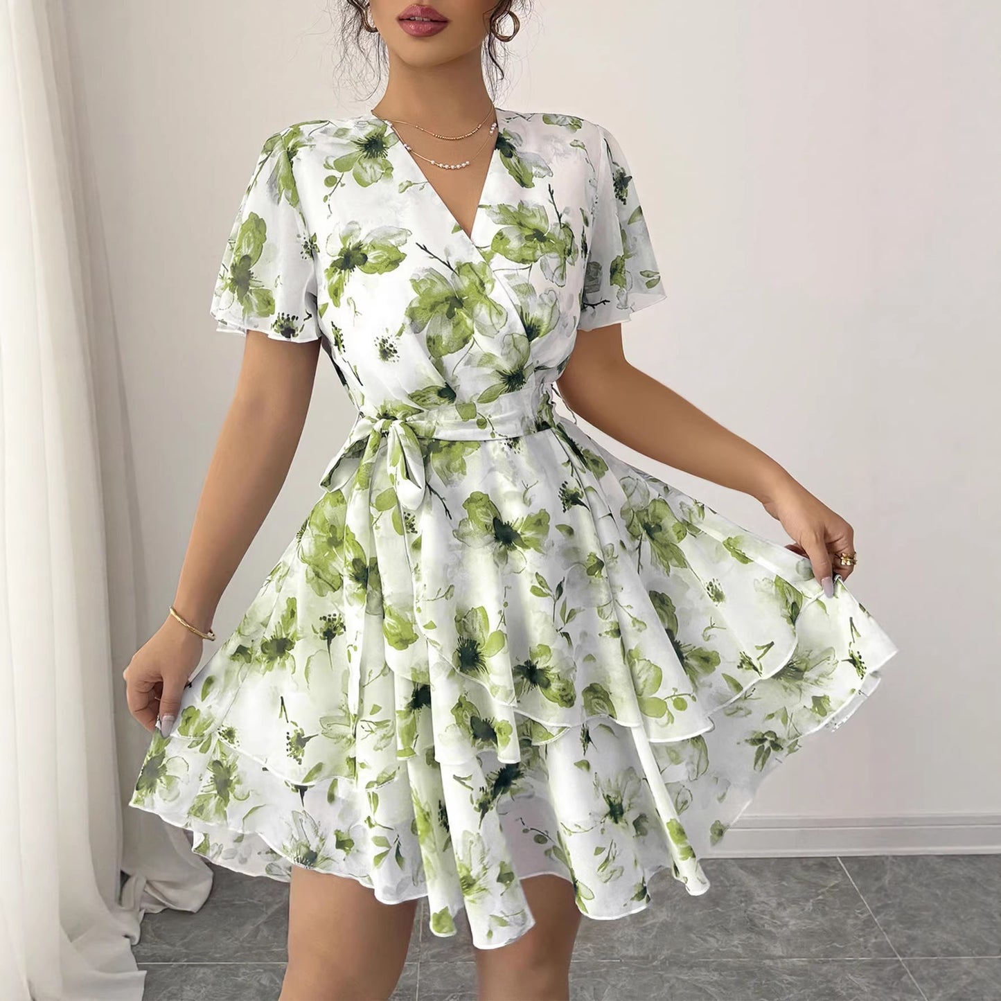 French Ink Flower V-Neck Tie Waist Double Ruffle Mini Dress | Elegant Waist-Cinching Slimming Tea Dress