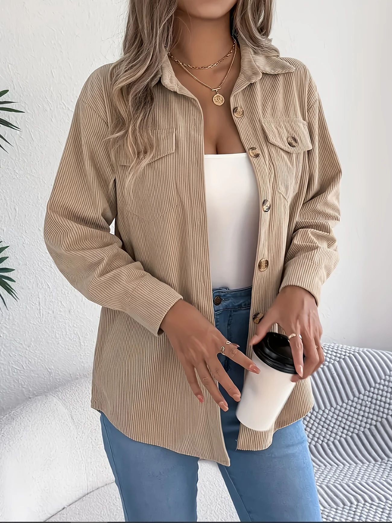 Bohemian Corduroy Lapel Single-Breasted Loose Long Sleeve Shirt Jacket