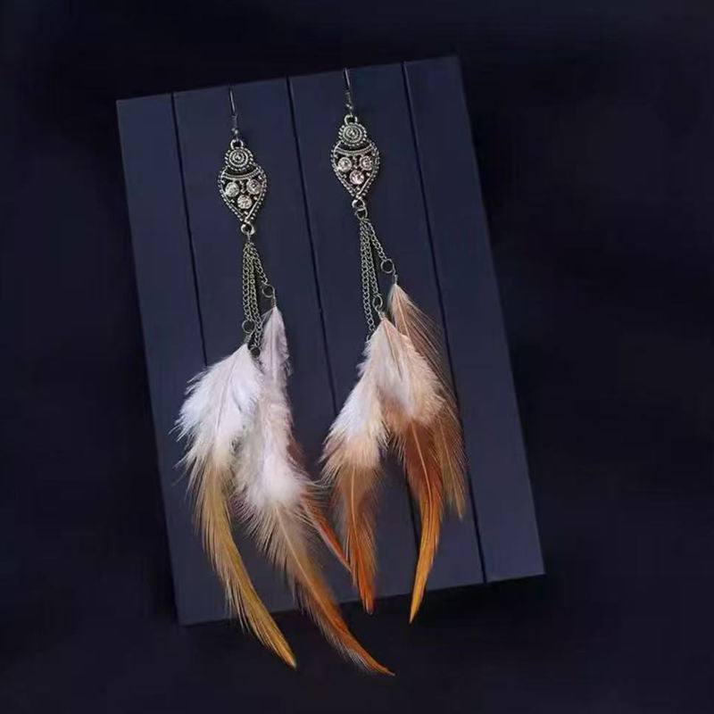 Boho Blue Feather Tassel Earrings | Ethnic Style Niche Design Jewelry