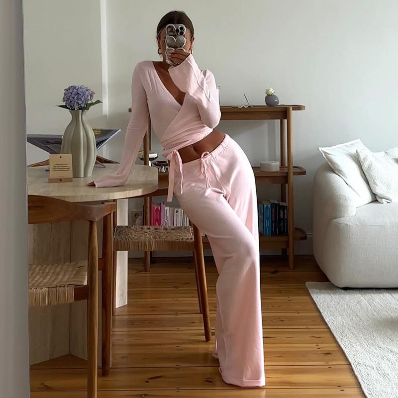 Wrap V-Neck Flare Sleeve Loungewear Wide-Leg Pants Set