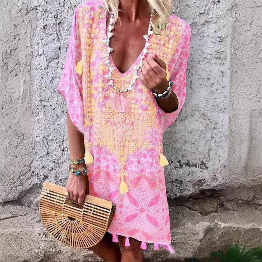 Boho Vintage Tribal Print V-Neck Tassel Loose Midi Dress