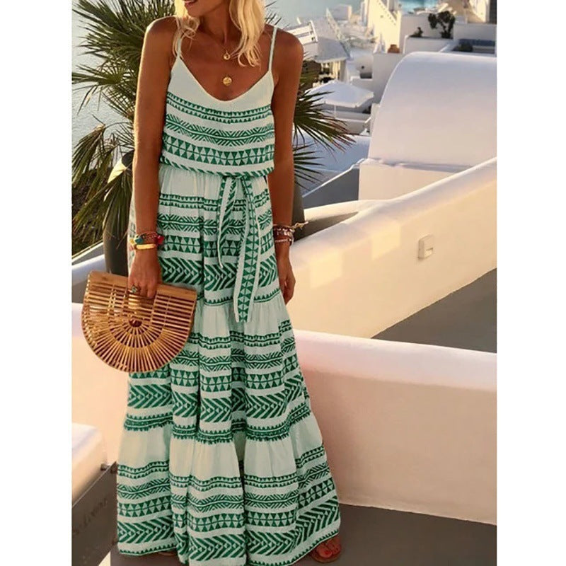 Boho Geometric Print V-Neck Spaghetti Strap Tiered Maxi Dress