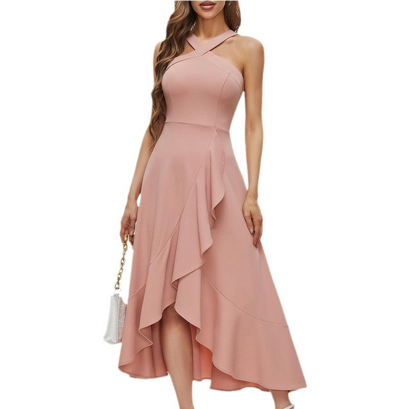 Bohemian Crisscross Halter Sleeveless Asymmetrical Ruffle Midi Dress