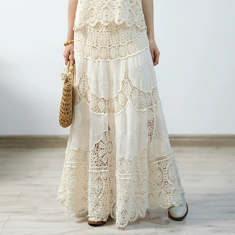 Boho Crochet Lace High Waist Flare Maxi Skirt | Ethnic Style Vacation Slimming A-Line Skirt