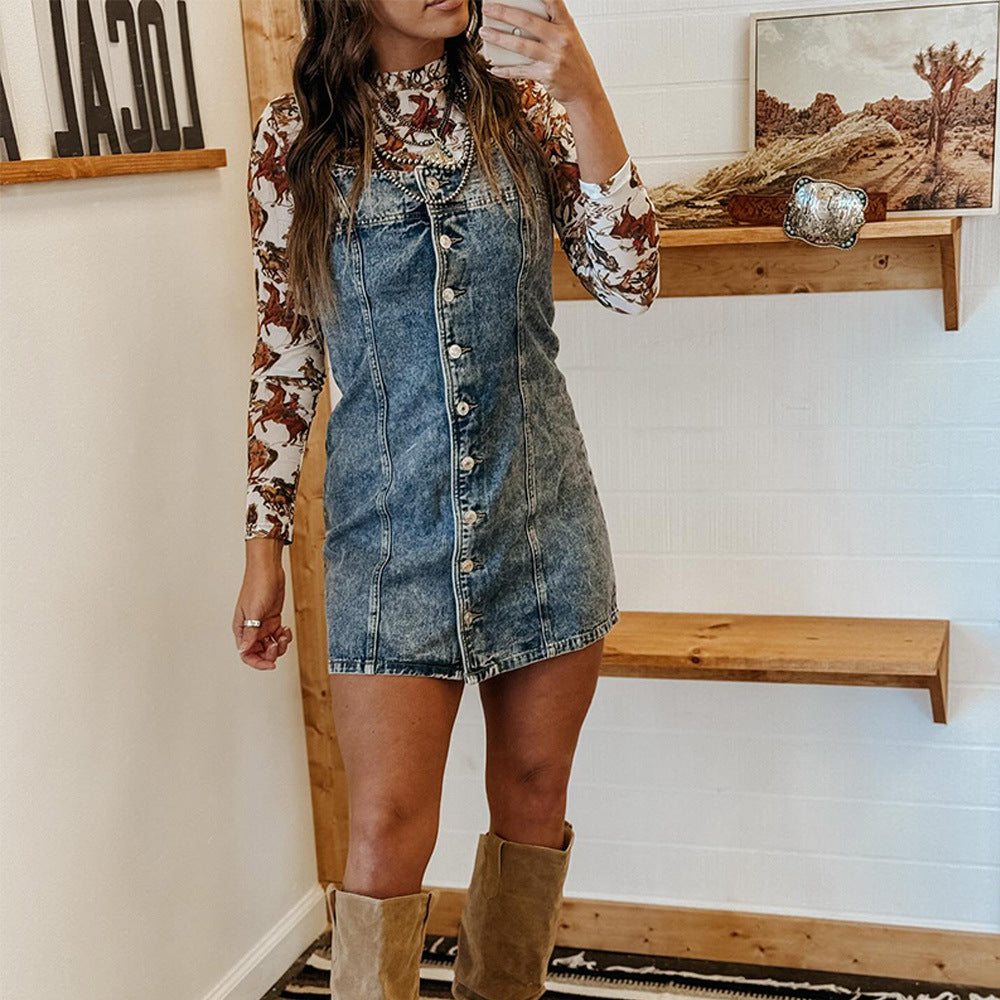 Vintage Western Style Washed Denim Cami Mini Dress | Y2K Single Breasted Waist-Cinching A-Line Dress