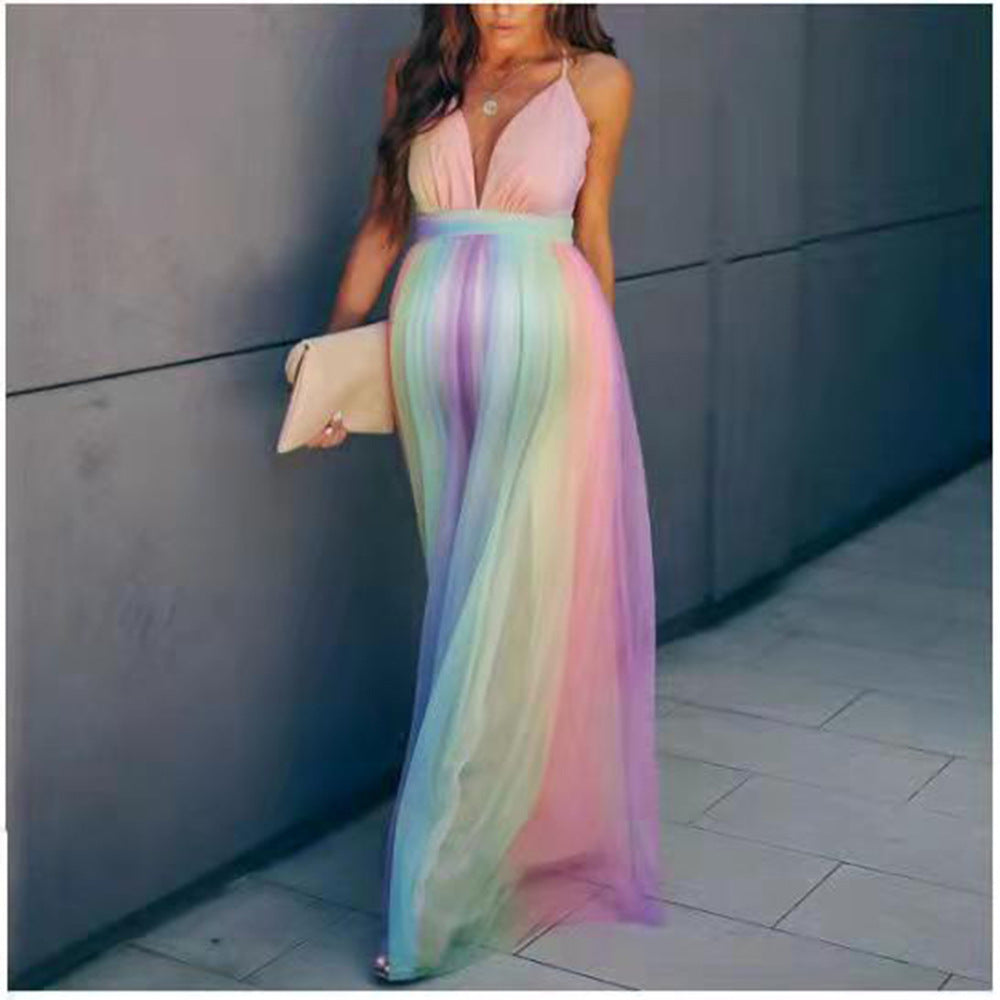 Boho Rainbow Gradient Halter Open Back Maternity Maxi Dress