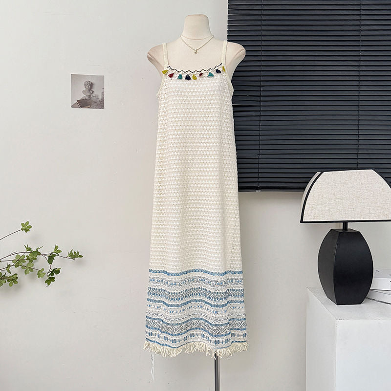 Boho Color Tassel Fringe Jacquard Cami Maxi Dress | Ethnic Style Vacation Loose Slimming Dress