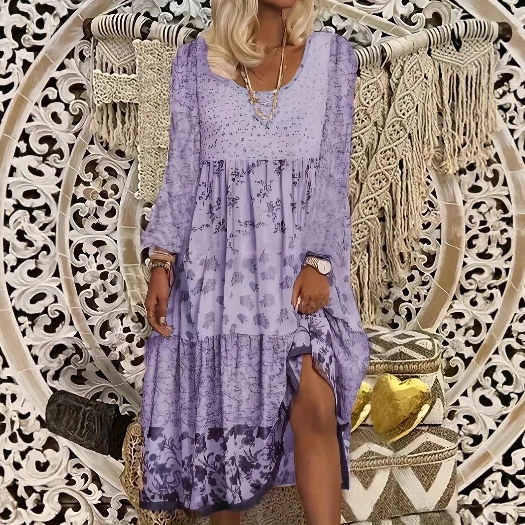 Bohemian Print Patchwork Split Long Sleeve Tiered Maxi Dress