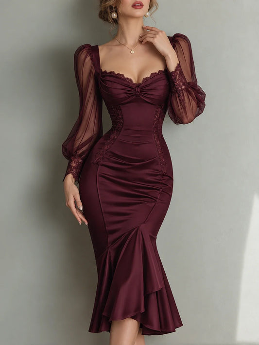 Lace-Trimmed Satin-Look Mermaid Midi Dress