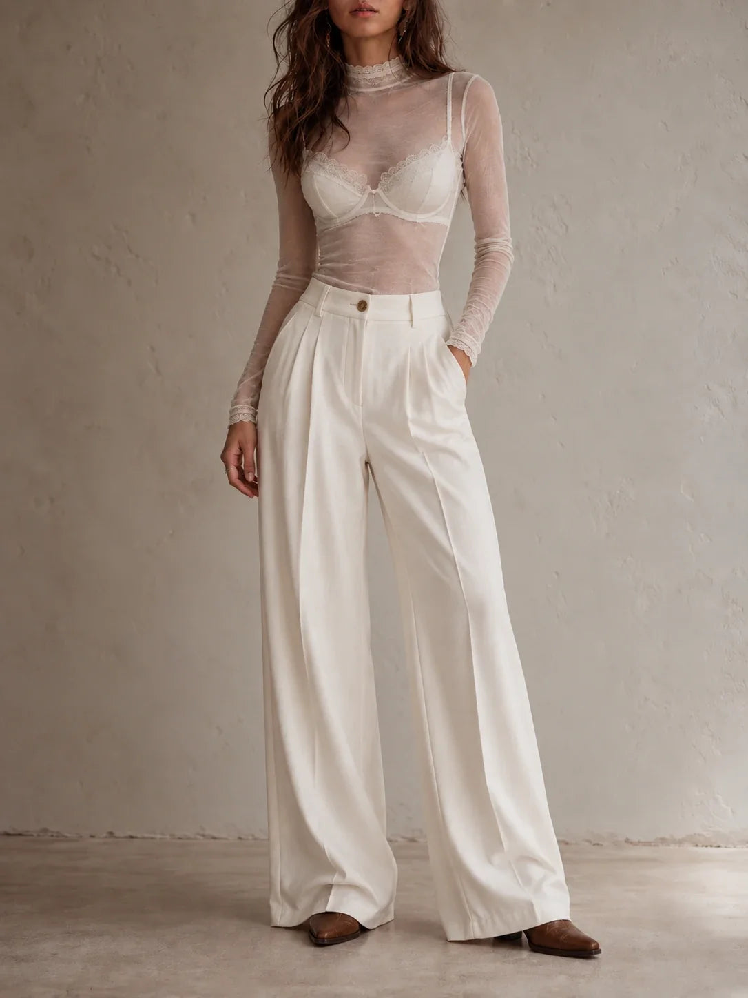 Sheer Lace-Trim Mock-Neck Top