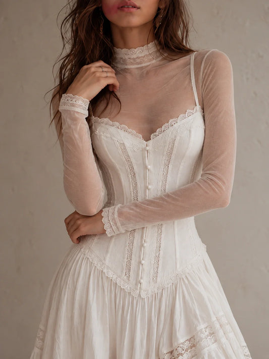 Sheer Lace-Trim Mock-Neck Top