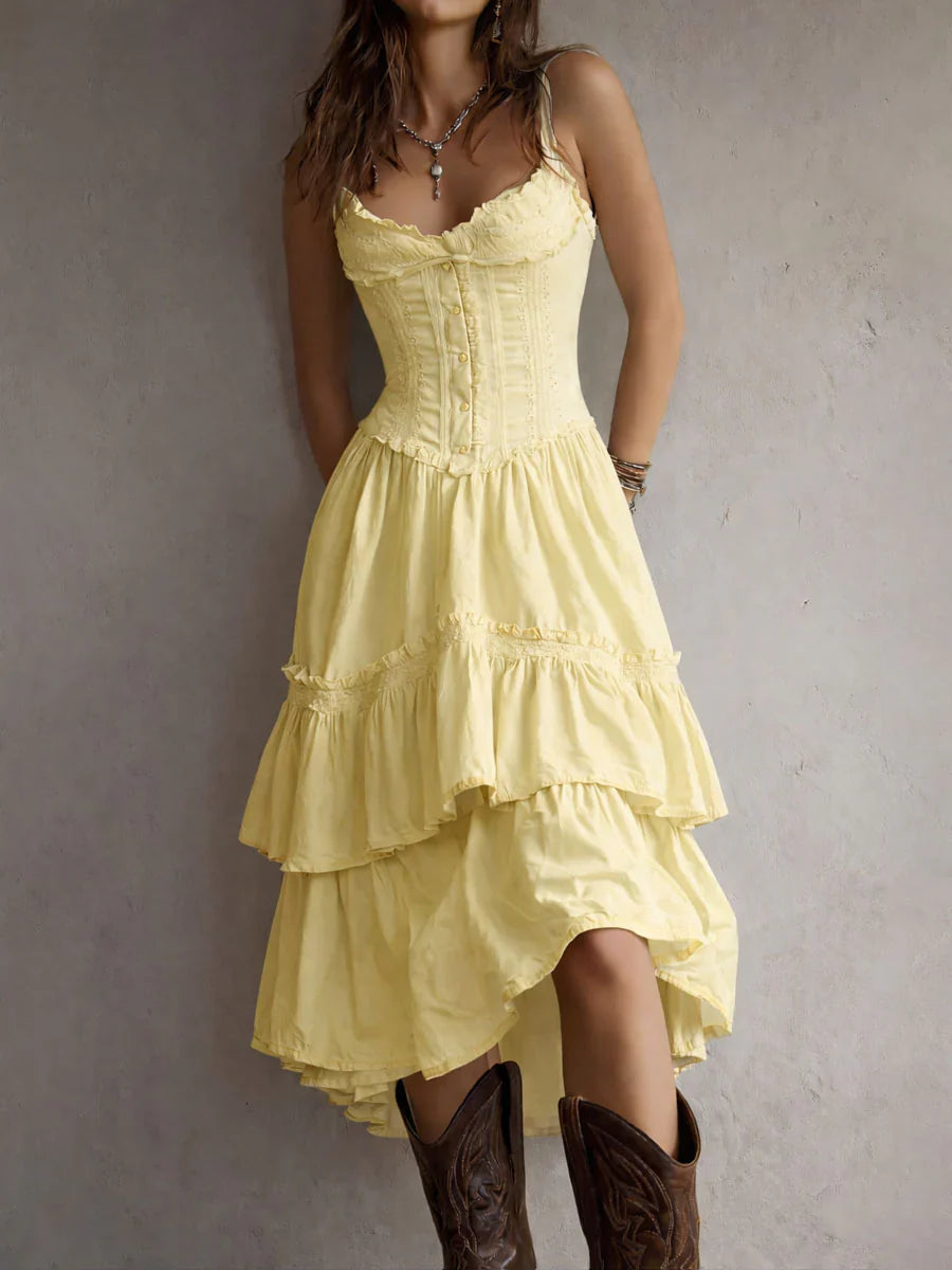 Retro Boho White Corset Tiered Midi Dress With Lace-Trim