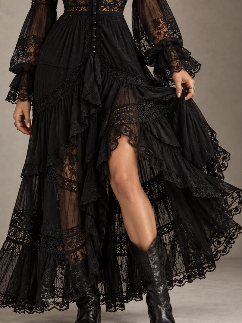 Lace-Panel Tiered Ruffle Maxi Dress