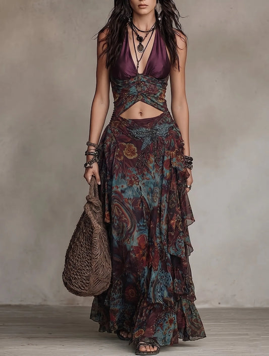 Purple Halter Cutout Waist Beaded Butterfly Print Ruffle Maxi Skirt Set