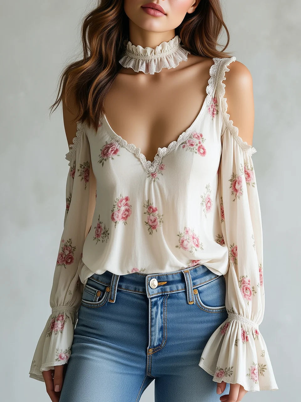 Women Lace Trim Cold Shoulder Floral Print Ruffle Bell Long Sleeve Blouse