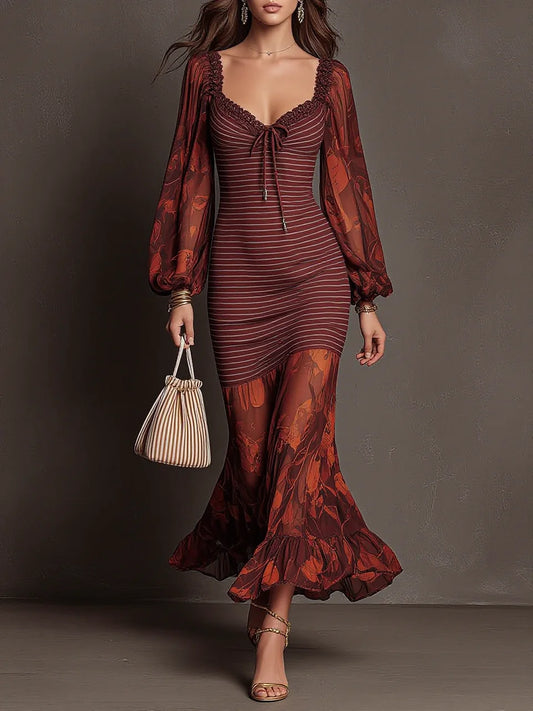 Burgundy Stripe Print Lantern Sleeve Drawstring Square Neck Slim Mermaid Maxi Dress