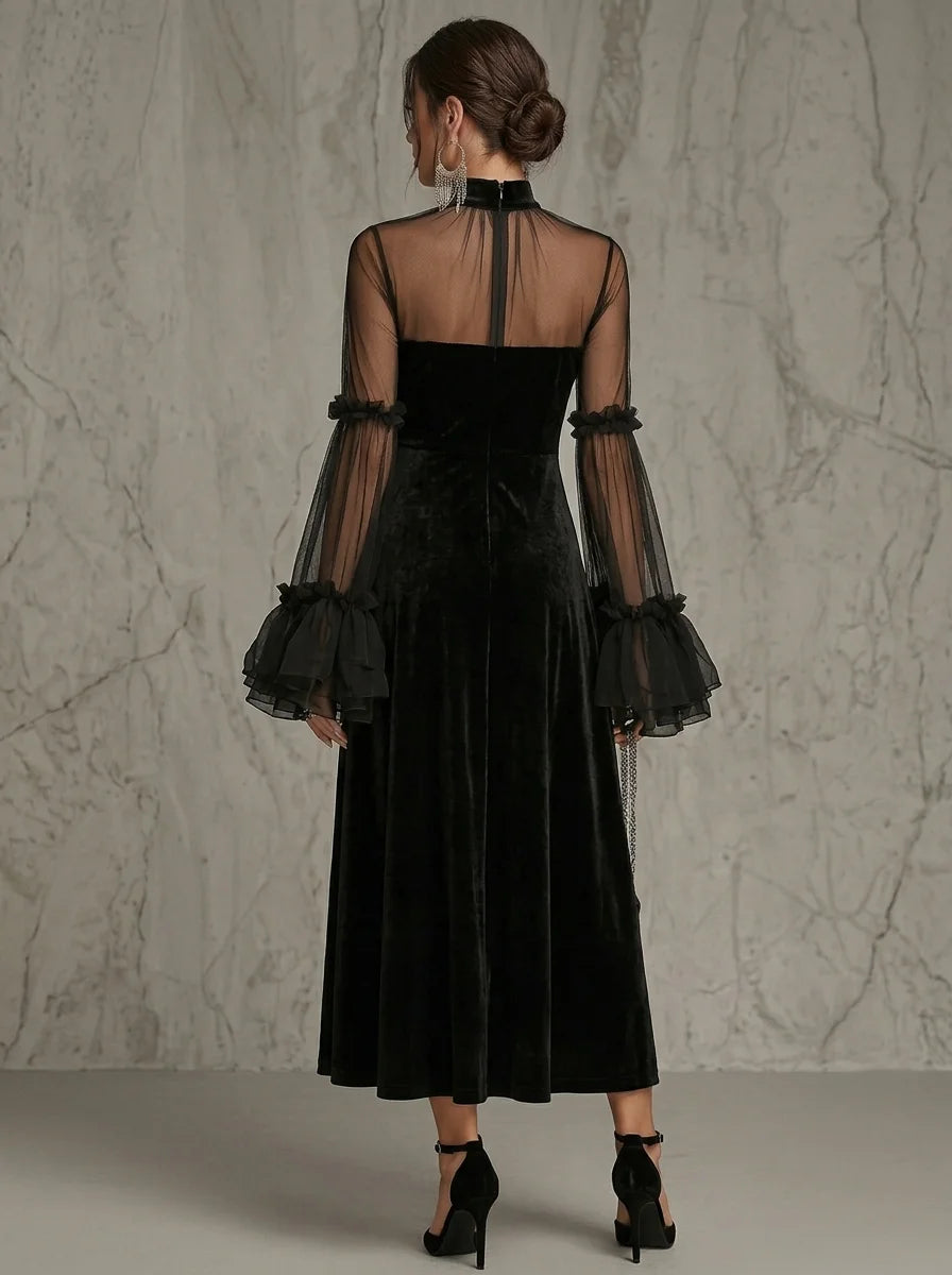 Black Velvet Midi Dress with Sheer Mesh Ruffle Bell Sleeve, High Neck Sweetheart Flowy Evening Dress