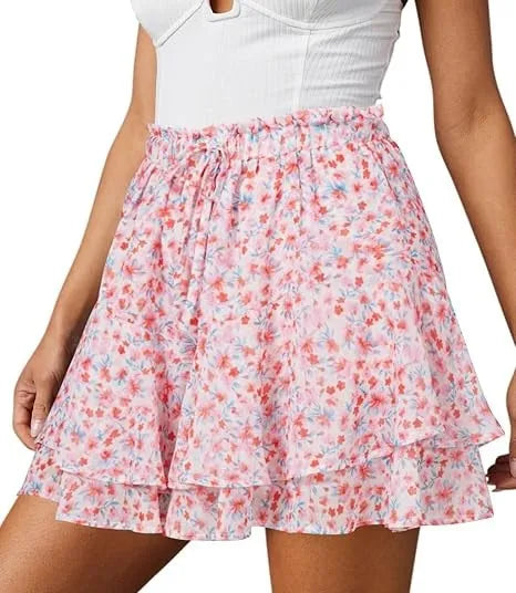 Boho Print Drawstring Elastic Waist Double Layer Ruffle Chiffon Mini Skirt