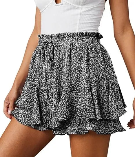 Boho Print Drawstring Elastic Waist Double Layer Ruffle Chiffon Mini Skirt