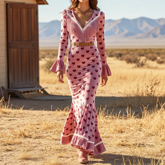 Pink Velvet Heart-Print Fringe V-Neck Belted Mermaid Maxi Dress(pre order)