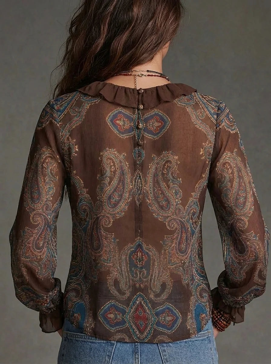 Brown Paisley Print Ruffle V Neck Semi Sheer Chiffon Blouse