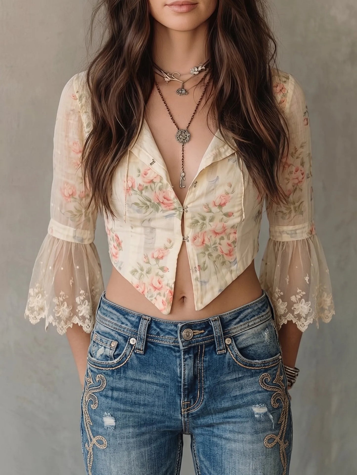 French Floral Lapel Mesh Flare Sleeve Lace Trim Crop Blouse