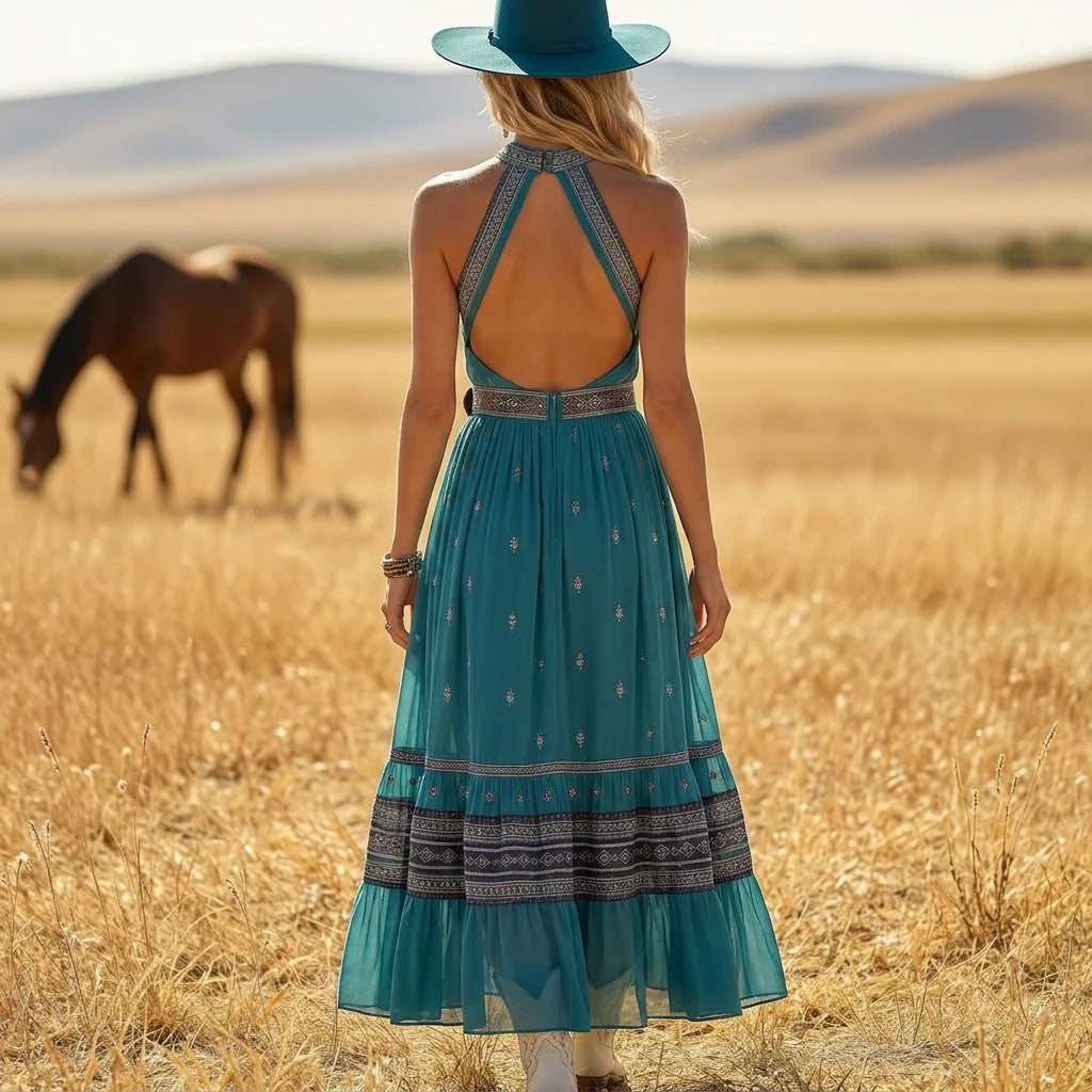 Boho Halter Open Back Vacation Maxi Dress