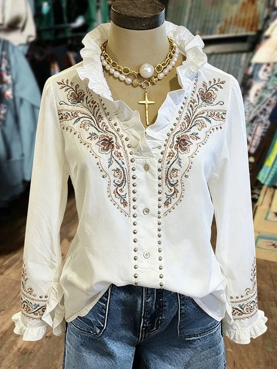 Women Ruffle V Neck Long Sleeve Western Casual Button Down Blouse