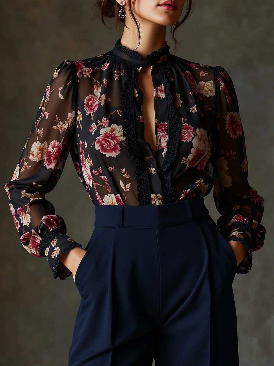 Women Lace Trim Stand Collar Keyhole Floral Print Sheer Chiffon Puff Long Sleeve Blouse