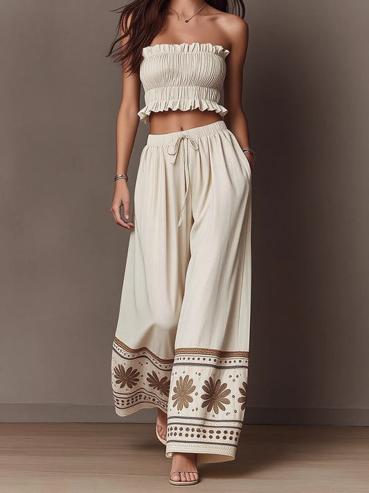 Boho Two Piece Outfit, Ruffle Smocked Tube Crop Top & Floral Border Print Wide Leg Palazzo Pants Set