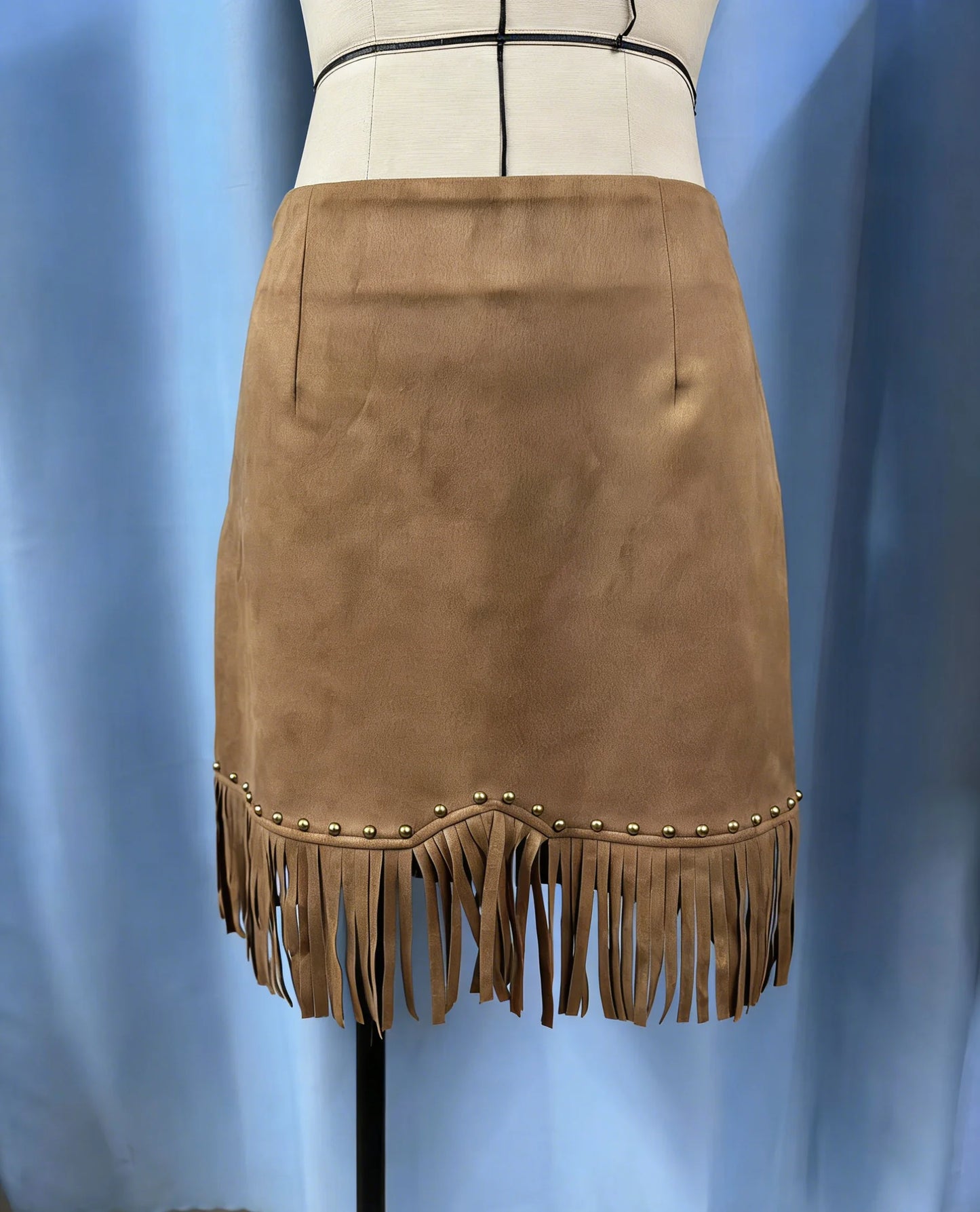 Vintage Western Style Suede Rivet Fringe High Waist Mini Skirt | Y2K Slimming A-Line Skirt