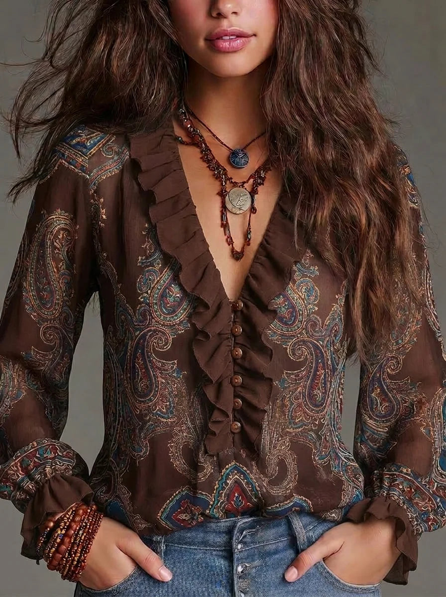 Brown Paisley Print Ruffle V Neck Semi Sheer Chiffon Blouse