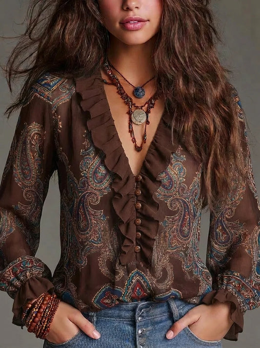 Brown Paisley Print Ruffle V Neck Semi Sheer Chiffon Blouse