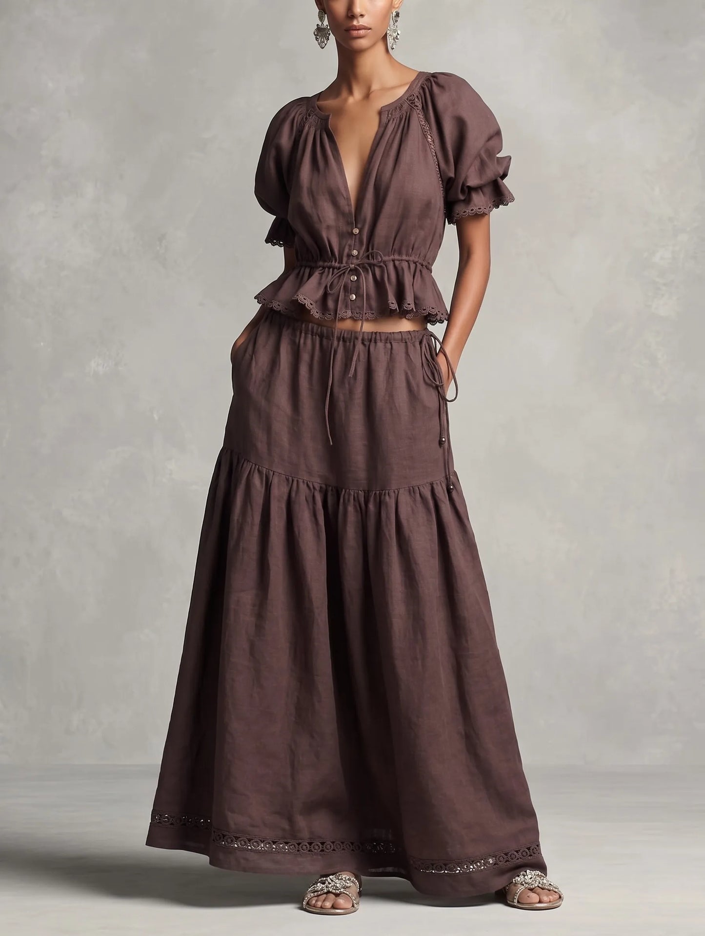 Dark Brown Linen V-neck Puff Sleeve Waist Tie Crop Top Lace Trim Flared Maxi Skirt Set